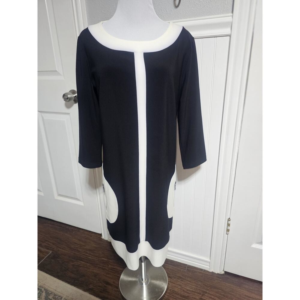 Joseph Ribkoff Sz 12 Black White Silhouette Fit Sleeves Mod Party Dress